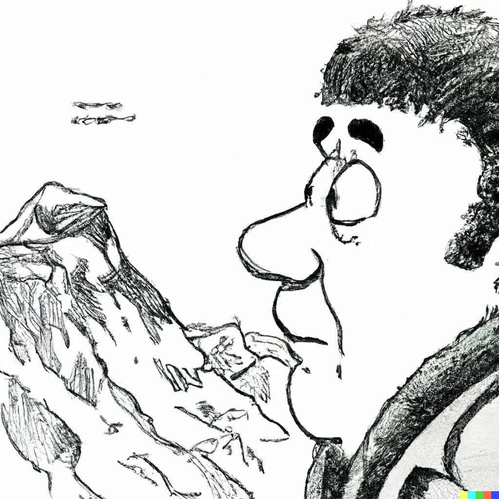 someone gazing at Mount Everest, pen and ink caricature